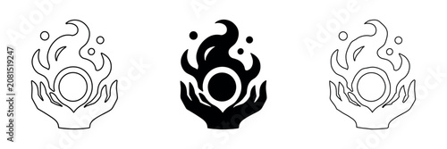 Fotografie Mystical orb held by hands with flames and magical particles icon
