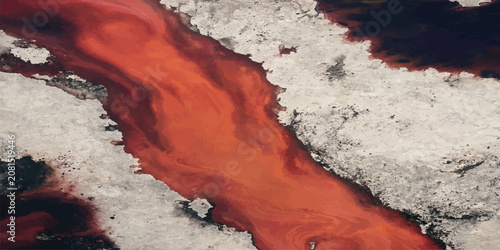Obraz na plátně Abstract aerial view of flowing orange river and white terrain with abstract lan