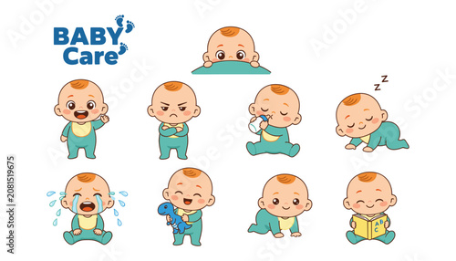 Baby care illustrations, cartoon baby emotions and actions