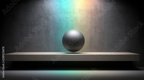 A black sphere sits on a wooden shelf, illuminated by a rainbow light.