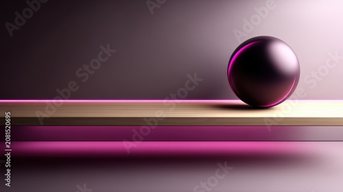 A black sphere with a pink glow sits on a wooden shelf against a dark purple background.