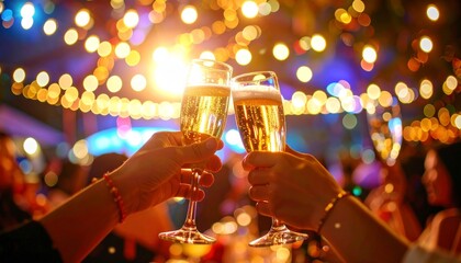 Close-Up of Two People Toasting Champagne Flutes at an Evening Gala