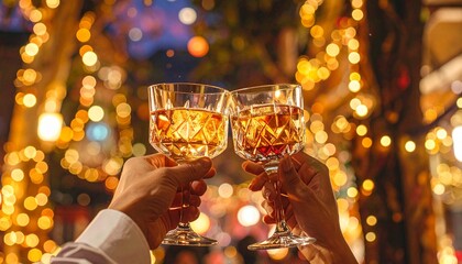 Close-Up of Two People Toasting Wine Glasses at Festive Evening Party