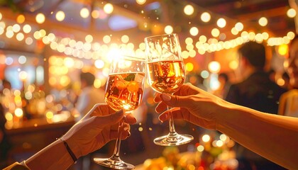 Close-Up of Two People Toasting Wine Glasses at Festive Evening Party