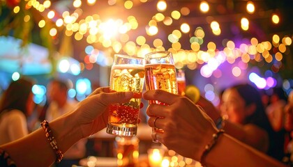 Close-Up of Friends Toasting Beer and Cider Glasses at Outdoor Party