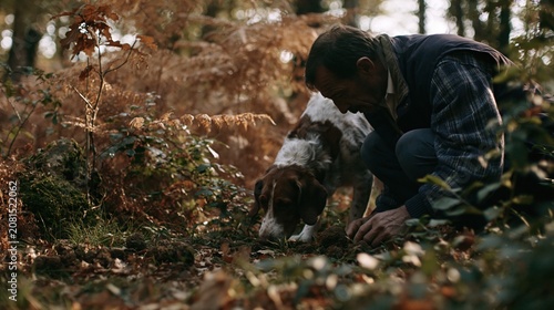 A man and his trained dog hunting for truffles together in an autumn forest floor covered with fallen leaves and ferns.
