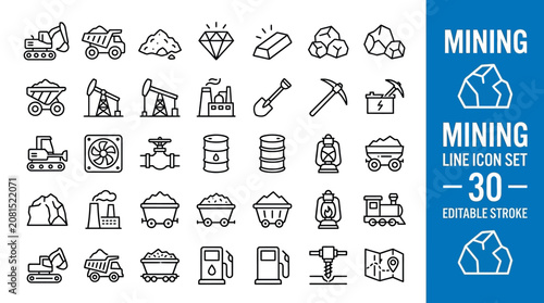 Photos 30 mining line icons with editable stroke for industry, resources, tools, and educational design projects