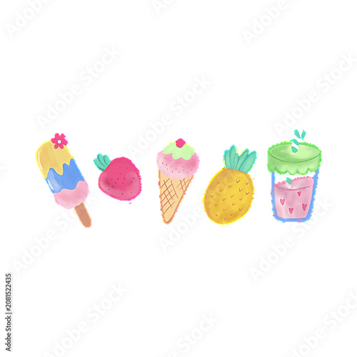 Watercolor set of summer treats with ice cream popsicle fruit and cocktail