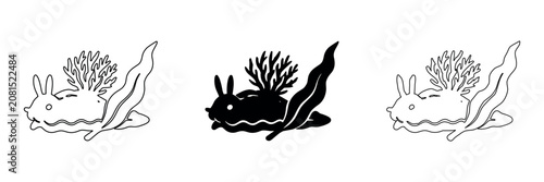 Foto Cute sea slug with coral and seaweed in outline, solid, and hand drawn styles