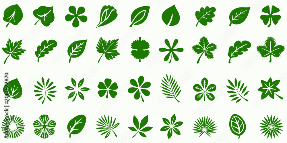 Fototapeta premium Green Leaf Silhouettes And Patterns On A Light Background