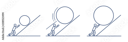 Tableau sur toile Business Challenge Outline Icon Set Showing Stick Figure Pushing Large Boulder U