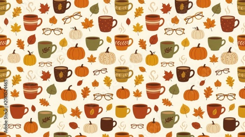 Seamless pattern with cozy autumn coffee mugs pumpkins and reading glasses for fall season designs Vector