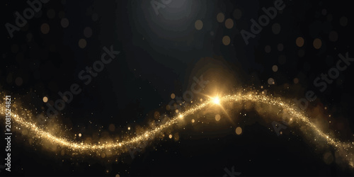 Tableau sur toile Dynamic wave of golden glitter with central light flare on dark background parti