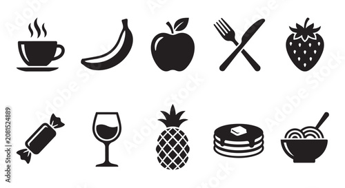 Food And Drink Icons Set Black Vector Logos Collection Isolated On White Background