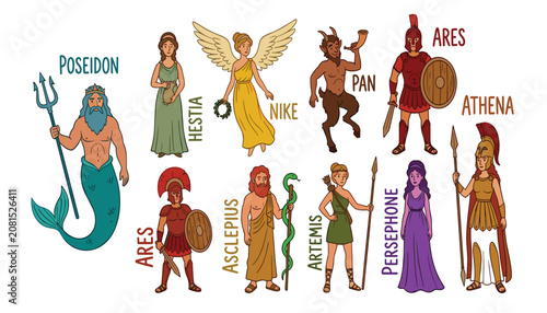 Obraz na plátně PrintAncient Greek gods and goddesses vector cartoon character set featuring Pos