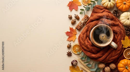 Autumn Flat Lay Coffee with Pumpkin and Fall Decorations Copy Space Background