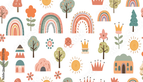 Seamless pattern with cute rainbows suns and trees, seamless