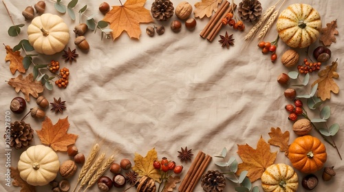 Autumn Pumpkin and Fall Leaves Frame with Copy Space Background