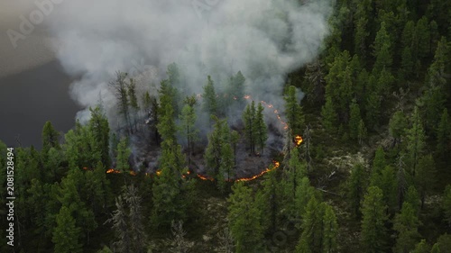 Aerial View of Wildfire Smoke Rising in Conifer Forest by Lake