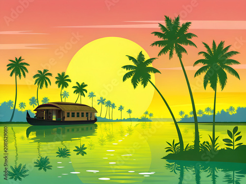 Kerala backwaters with coconut palms, houseboat floating peacefully, colorful sunset reflections, minimalist vector style