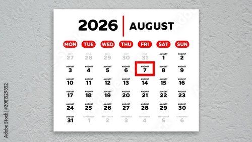Red cursor highlighting August 7th on a 2026 wall calendar page