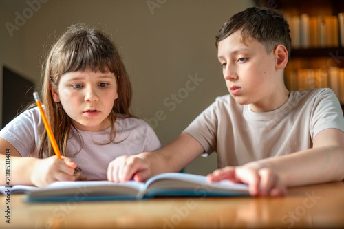 Brother helping sister study with textbook at home