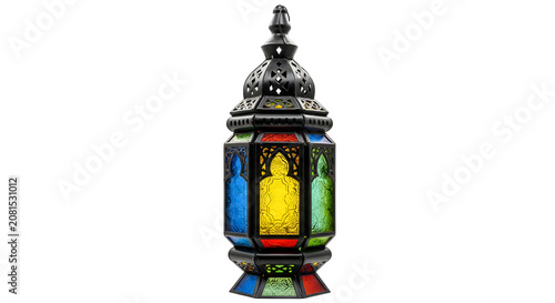 Colorful stained glass lantern with religious figure inside