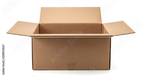 Empty brown cardboard box with open lid