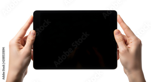 Two hands holding a black tablet screen in portrait orientation