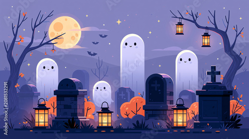 Halloween Spooky Night Church and Graveyard Illustration with Haunted Silhouette, Moonlit Sky, Dark Trees, Stars, and Halloween Town Architecture