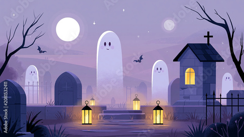 Halloween Spooky Night Church and Graveyard Illustration with Haunted Silhouette, Moonlit Sky, Dark Trees, Stars, and Halloween Town Architecture