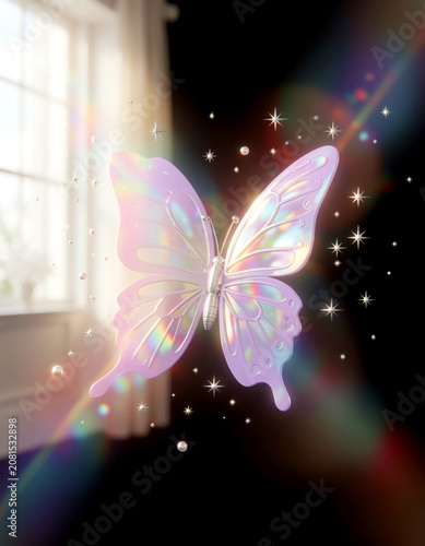 A cinematic fantasy motion in which a fantasy purple butterfly shines and flies by a window in a dark interior