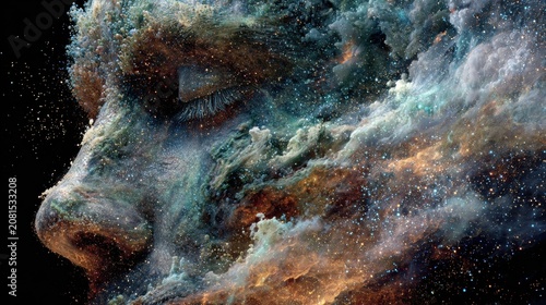 The face of a person transforms into a vibrant cosmic nebula in space.
