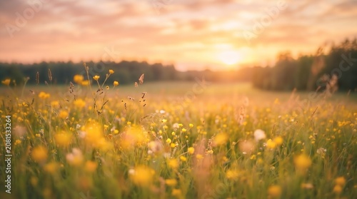 Sunrise Over Wildflower Meadow with Golden Light and Misty Horizon