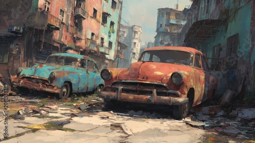 Abandoned vintage cars rust on a desolate urban street surrounded by dilapidated buildings