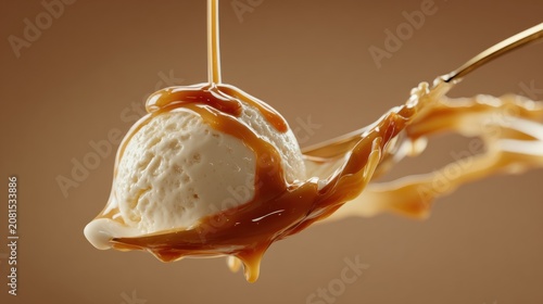 Caramel sauce drizzles down on melting ice cream scoop
