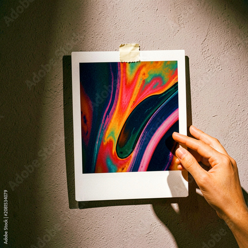 a dark wall illuminated by a polaroid photograph of abstract images