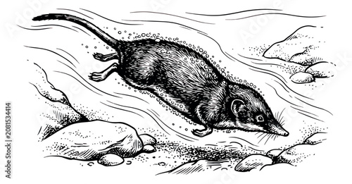 Canvastavla Vintage shrew illustration, hand drawn water shrew swimming in a river, antique