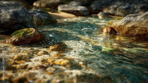 A serene river flows gently over rocks and stones in a natural landscape.