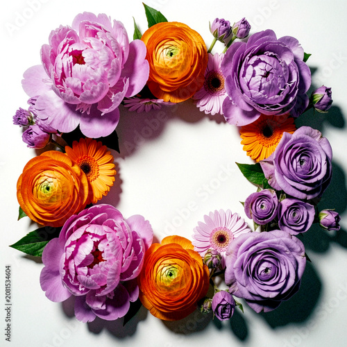 a square frame beautifully decorated with various kinds of flowers in pink, orange, and purple, with a colorful, feminine and elegant atmosphere