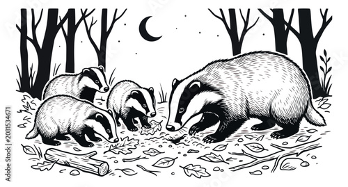 Canvas Print Vintage badger family illustration, black and white woodland animals in night fo