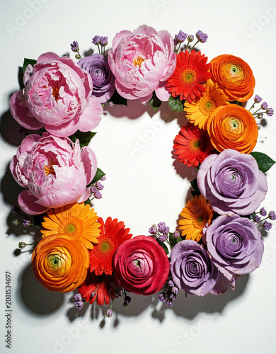 a square frame beautifully decorated with various kinds of flowers in pink, orange, and purple, with a colorful, feminine and elegant atmosphere