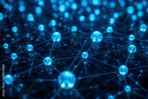 Glowing blue spheres connect on dark surface in abstract digital network. Bright lines link nodes showing data flow