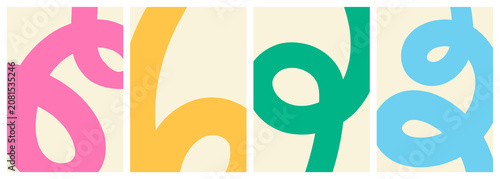 A bright colorful multi-colored minimal modern set of vertical patterns, backgrounds, posters with looped wavy thick lines on a light background; simple hand-drawn vector illustration in a flat style