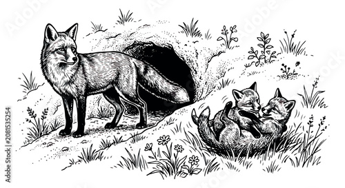 Obraz na płótnie Vintage fox family engraving, mother fox with playing cubs near den, hand-drawn