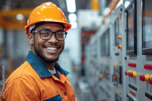 Black technician smiles confidently in industrial setting. He wears orange hard hat and safety jacket. Control panels line the background, indicating active machinery