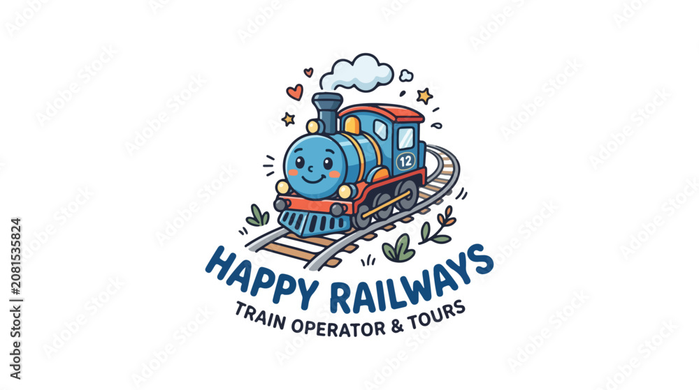 Fototapeta premium Cartoon locomotive train character with happy face logo.