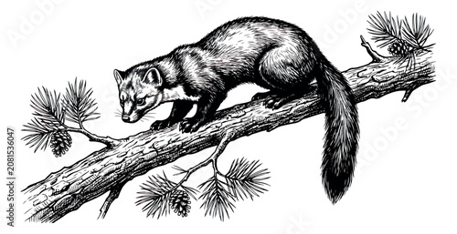 Foto Vintage pine marten illustration, hand drawn sable animal on cedar branch vector