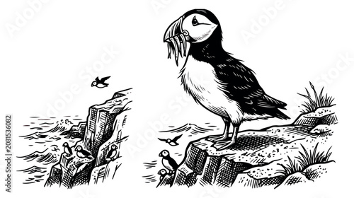 Tableau sur toile Vintage puffin bird illustration, Atlantic puffin with fish in beak on coastal c