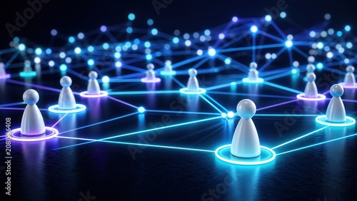Abstract representation of a digital network with glowing connections between figures symbolizing communication technology and social interactions across a virtual landscape of nodes.